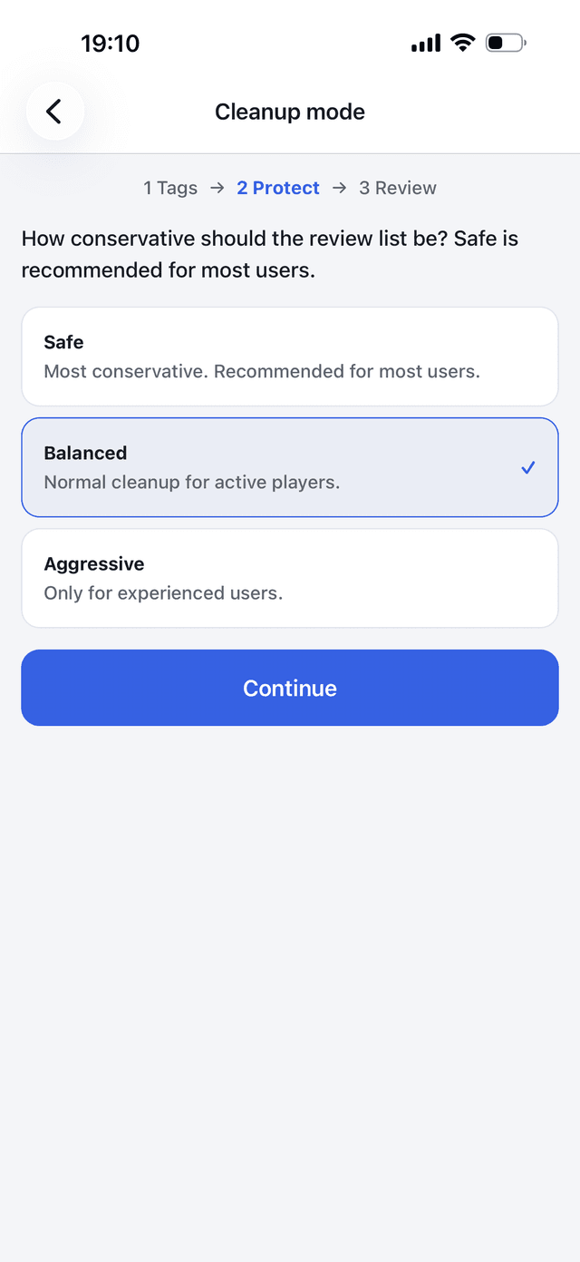 Choosing a cleanup mode — Safe, Balanced or Aggressive